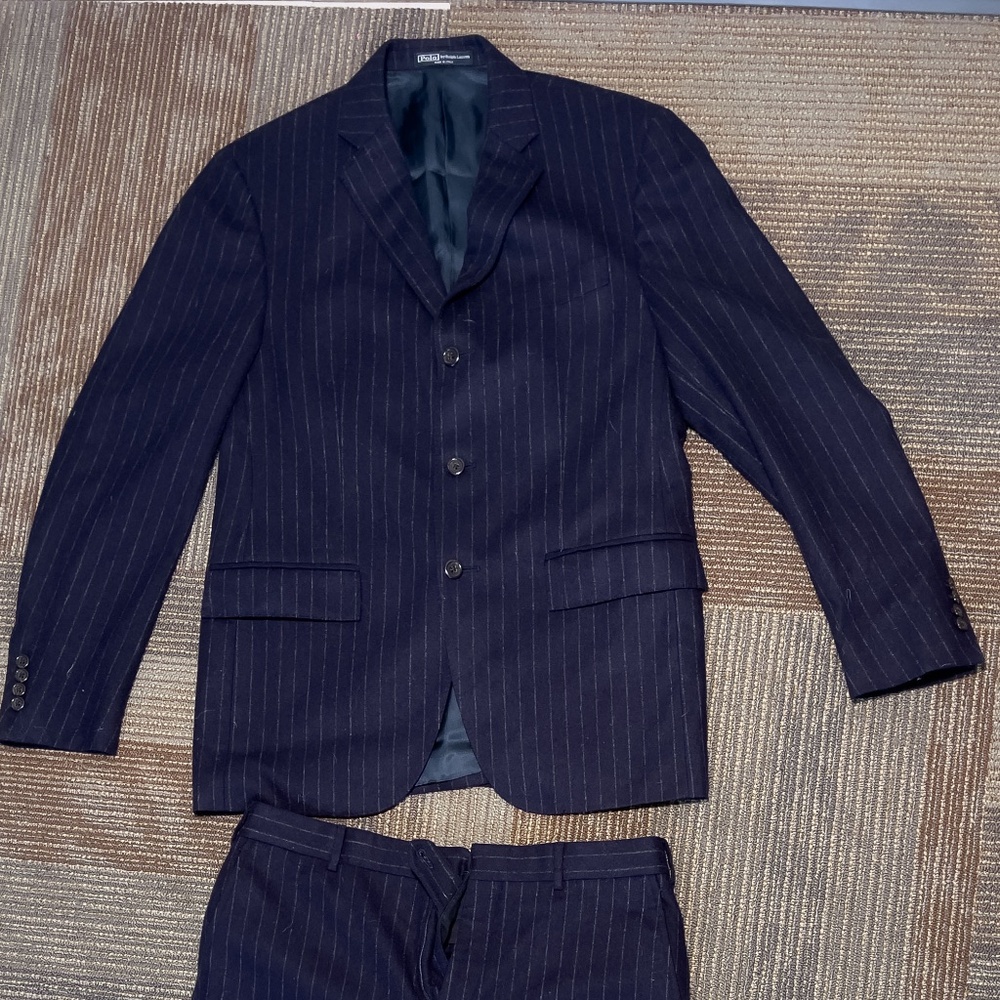 Polo navy blue pin stripe mens suit. Wool & Cashmere